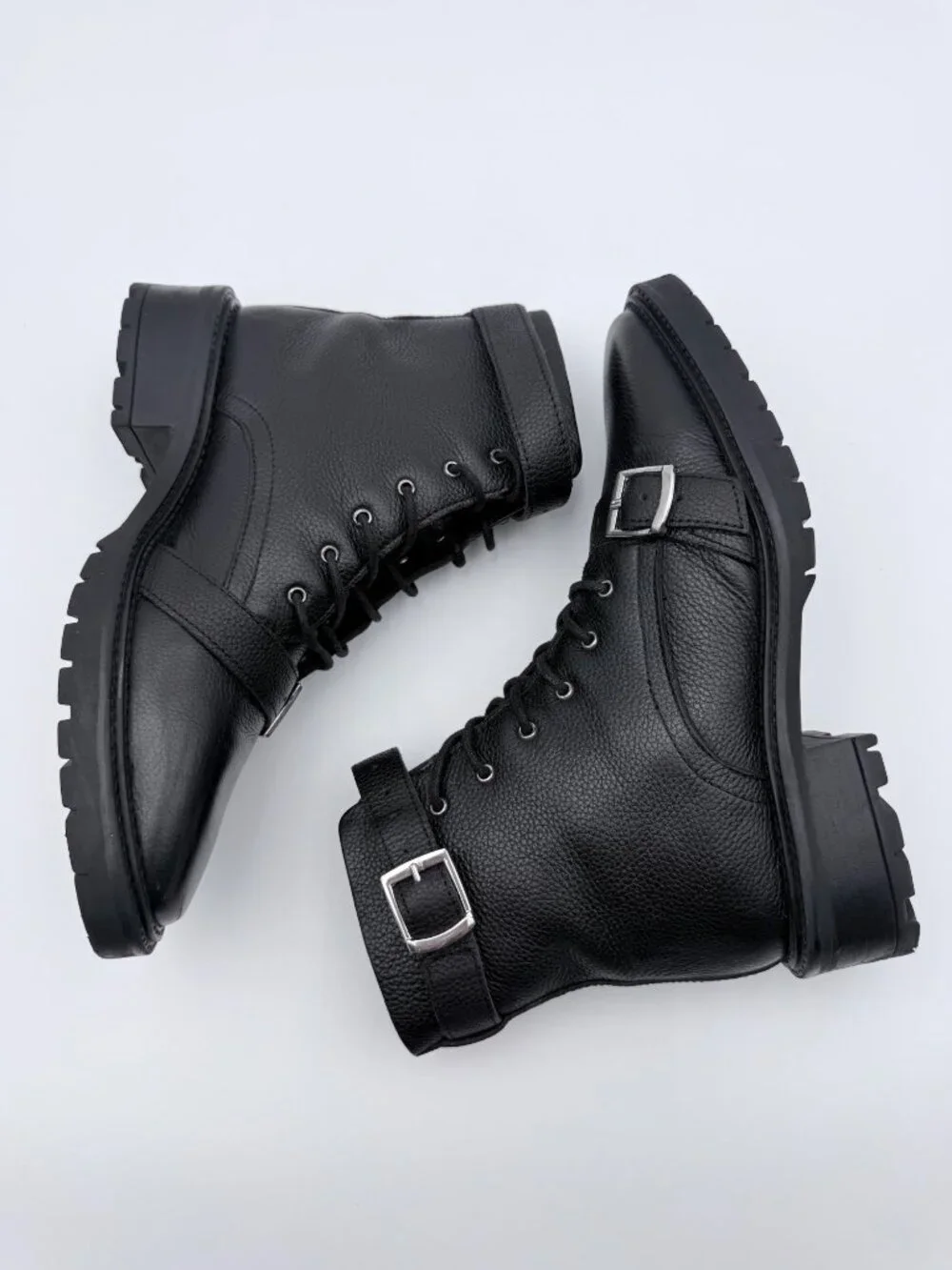asos Womens Astrid Chunky Black Leather Lace-Up Combat Boots  Buckle Strap Sz 9
